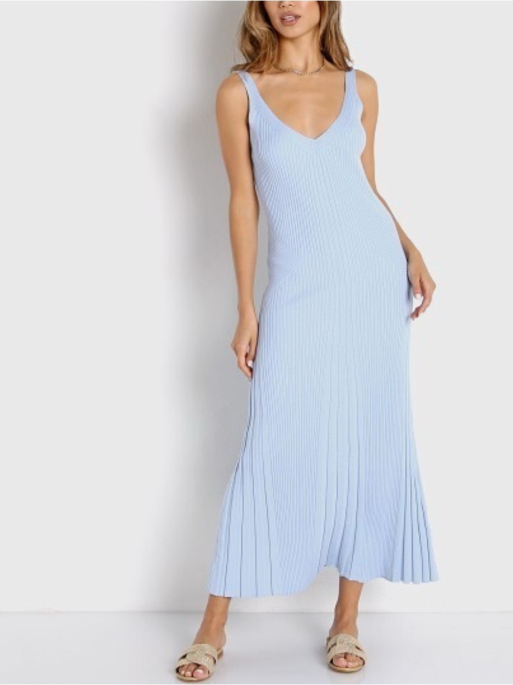 En Saison Ribbed V-Neck Maxi Dress in Sky Blue